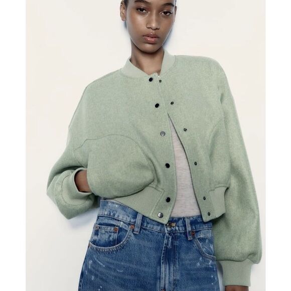 NWT Zara Woman’s Bomber Jacket Coat Green M Medium Fall - Picture 1 of 8